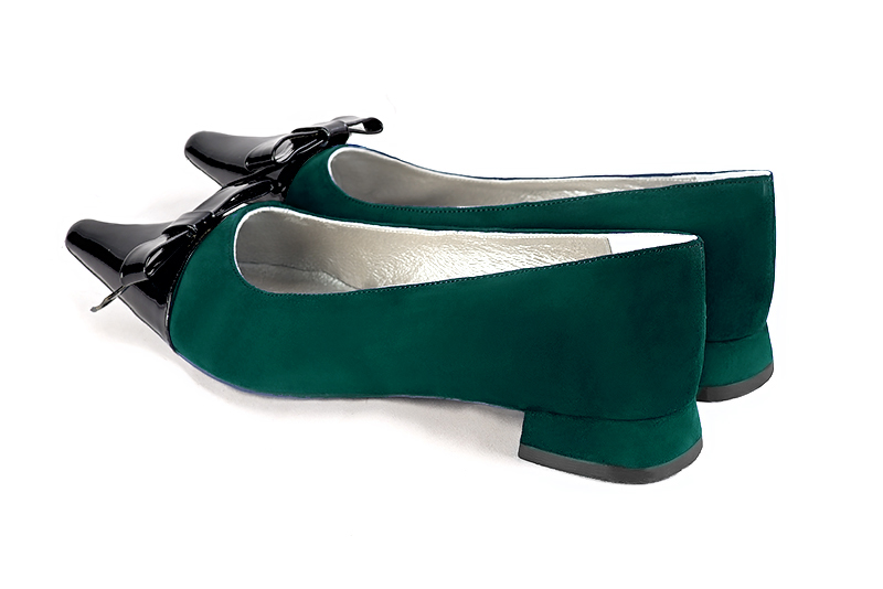 Gloss black and forest green women's ballet pumps, with low heels. Pointed toe. Flat flare heels - Florence KOOIJMAN