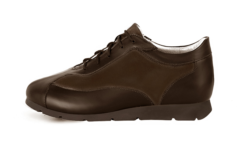 Dark brown women's elegant sneakers. Round toe. Flat rubber soles. Profile view - Florence KOOIJMAN