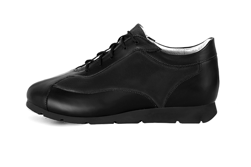 Satin black women's elegant sneakers. Round toe. Flat rubber soles. Profile view - Florence KOOIJMAN