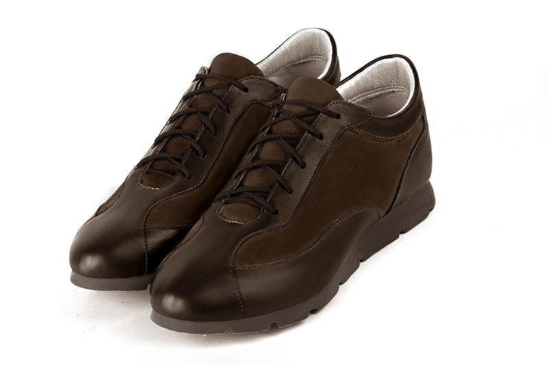 Dark brown women's elegant sneakers. Round toe. Flat rubber soles. Front view - Florence KOOIJMAN