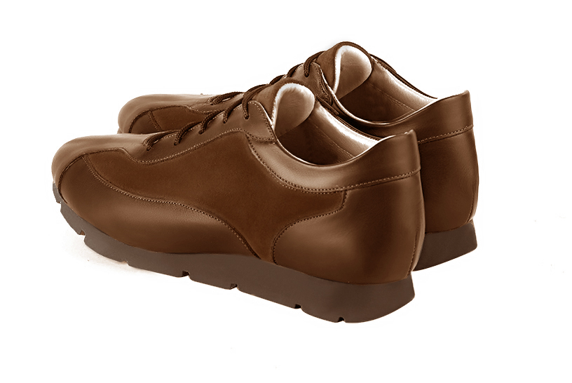 Caramel brown women's elegant sneakers. Round toe. Flat rubber soles. Rear view - Florence KOOIJMAN