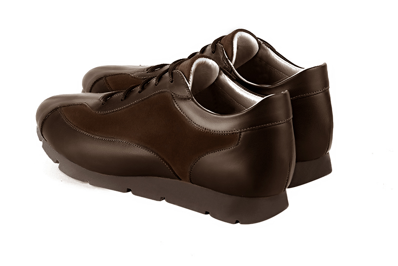 Dark brown women's elegant sneakers. Round toe. Flat rubber soles. Rear view - Florence KOOIJMAN