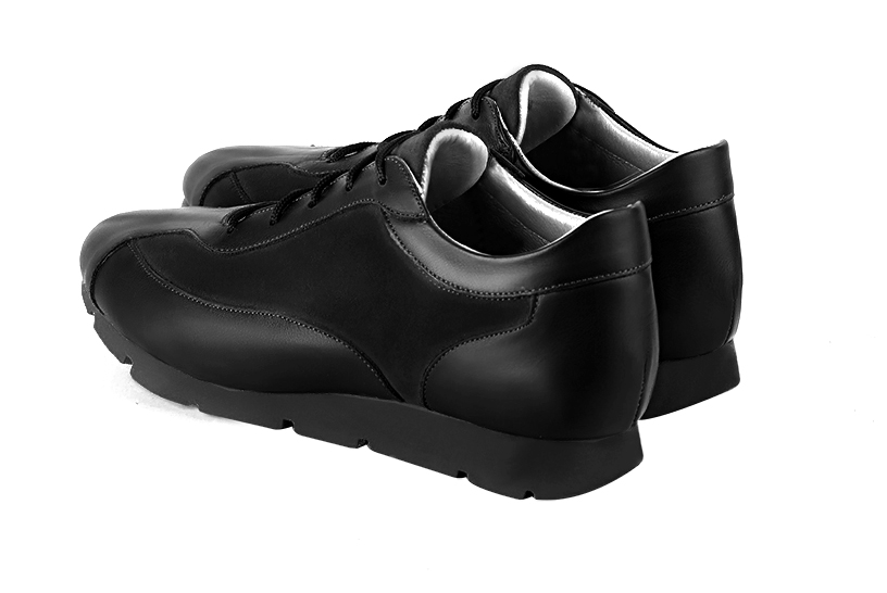 Satin black women's elegant sneakers. Round toe. Flat rubber soles. Rear view - Florence KOOIJMAN