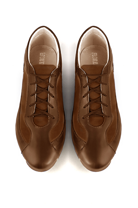 Caramel brown women's elegant sneakers. Round toe. Flat rubber soles. Top view - Florence KOOIJMAN