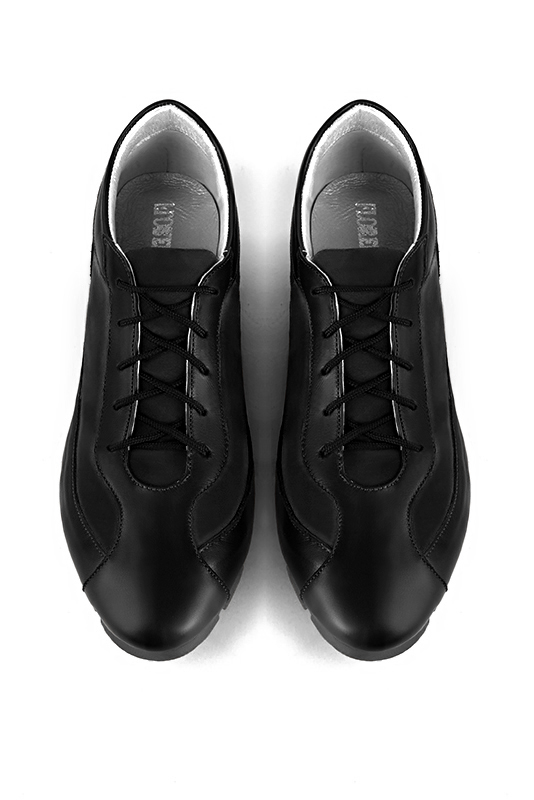 Satin black women's elegant sneakers. Round toe. Flat rubber soles. Top view - Florence KOOIJMAN