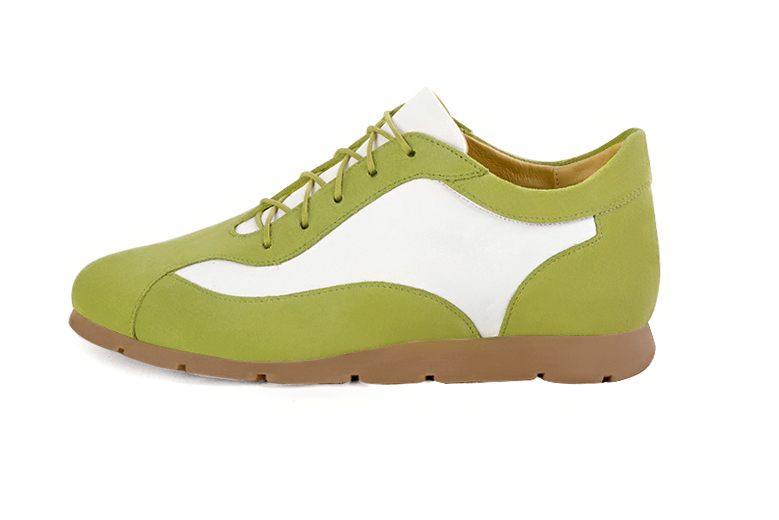 Pistachio green and pure white women's elegant sneakers. Round toe. Flat rubber soles. Profile view - Florence KOOIJMAN