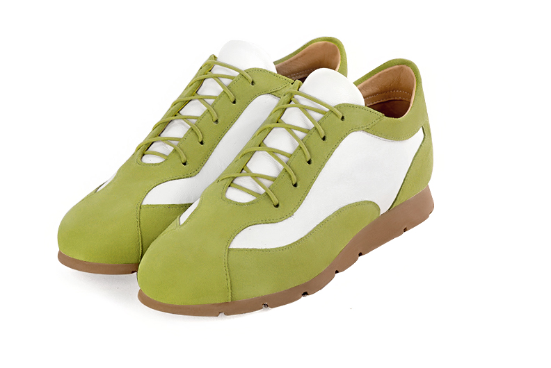 Pistachio green and pure white women's elegant sneakers. Round toe. Flat rubber soles. Front view - Florence KOOIJMAN