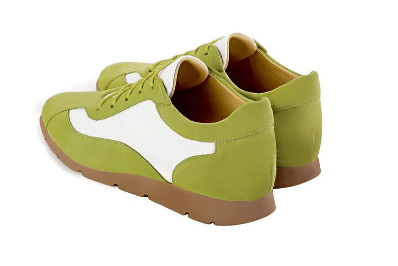 Pistachio green and pure white women's elegant sneakers. Round toe. Flat rubber soles. Rear view - Florence KOOIJMAN