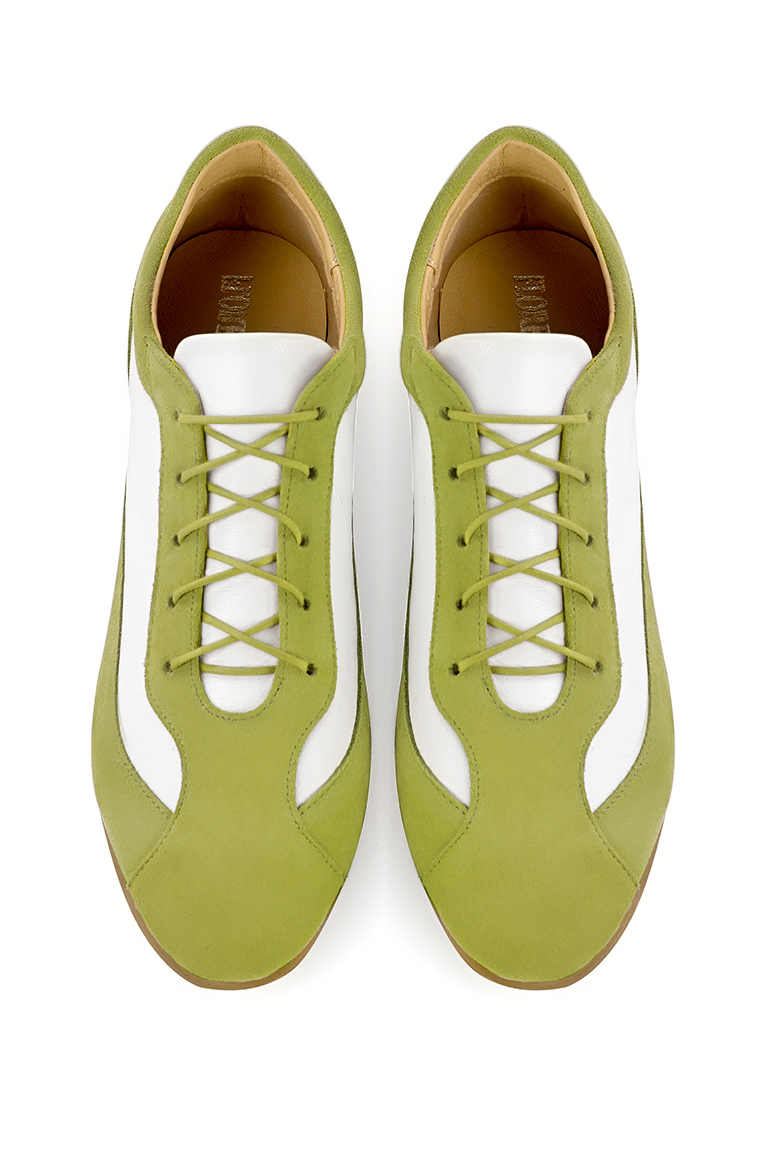 Pistachio green and pure white women's elegant sneakers. Round toe. Flat rubber soles. Top view - Florence KOOIJMAN
