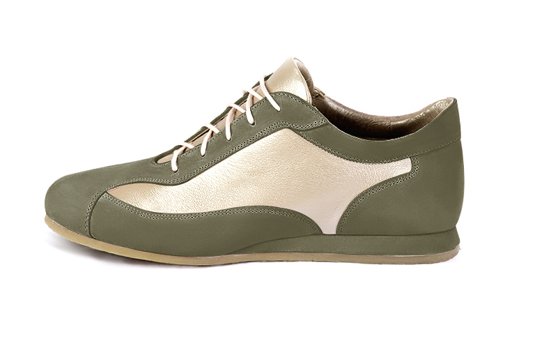 Khaki green and gold women's elegant sneakers.. Profile view - Florence KOOIJMAN