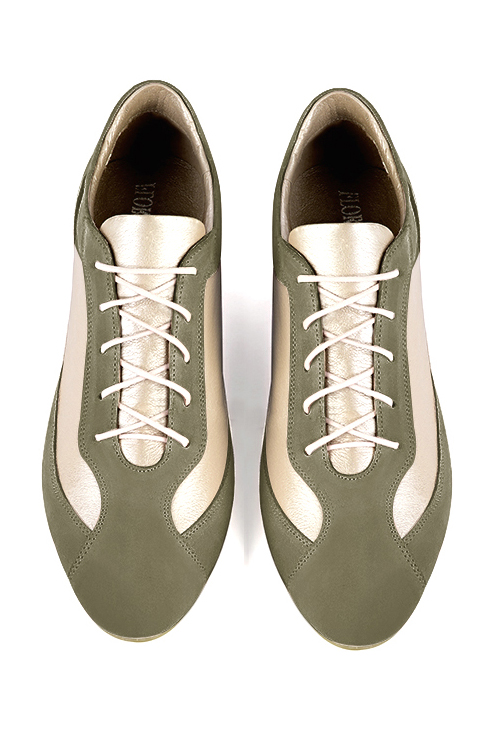 Khaki green and gold women's elegant sneakers.. Top view - Florence KOOIJMAN