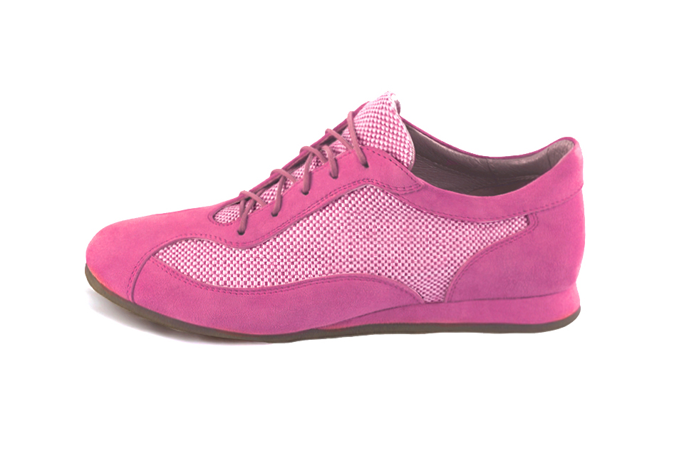 Shocking pink women's one-tone elegant sneakers. Round toe. Flat wedge soles. Profile view - Florence KOOIJMAN