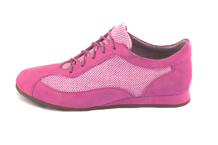 Shocking pink women's one-tone elegant sneakers. Round toe. Flat wedge soles. Profile view - Florence KOOIJMAN