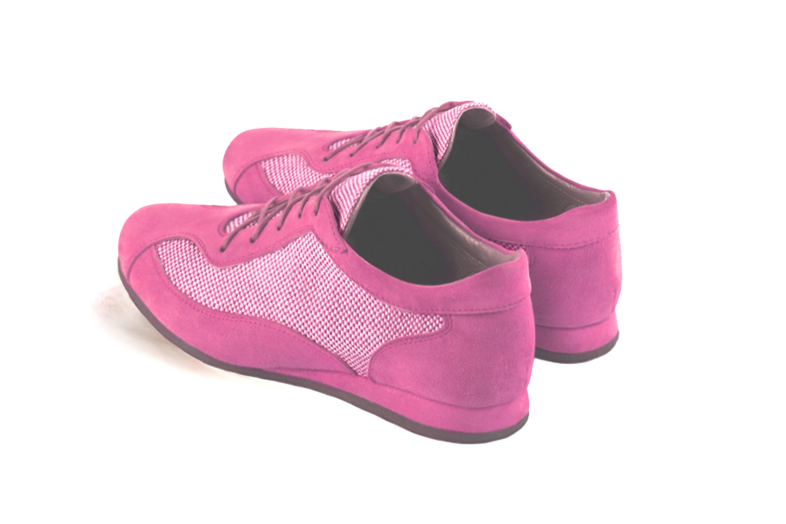 Shocking pink women's one-tone elegant sneakers. Round toe. Flat wedge soles. Rear view - Florence KOOIJMAN