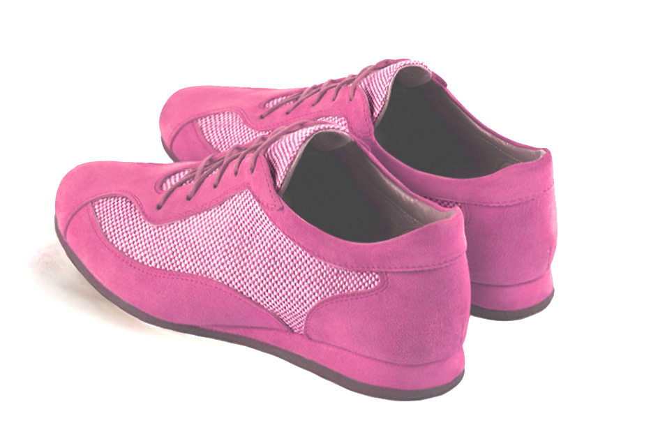 Shocking pink women's one-tone elegant sneakers. Round toe. Flat wedge soles. Rear view - Florence KOOIJMAN