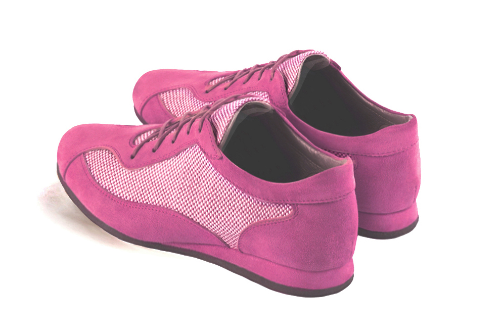 Shocking pink women's one-tone elegant sneakers. Round toe. Flat wedge soles. Rear view - Florence KOOIJMAN