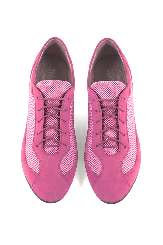 Shocking pink women's one-tone elegant sneakers. Round toe. Flat wedge soles. Top view - Florence KOOIJMAN