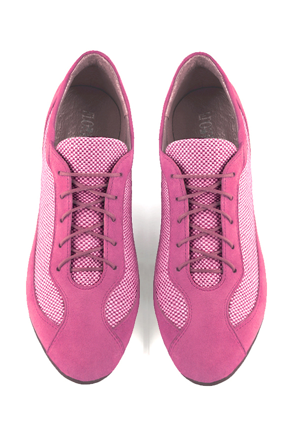 Shocking pink women's one-tone elegant sneakers. Round toe. Flat wedge soles. Top view - Florence KOOIJMAN