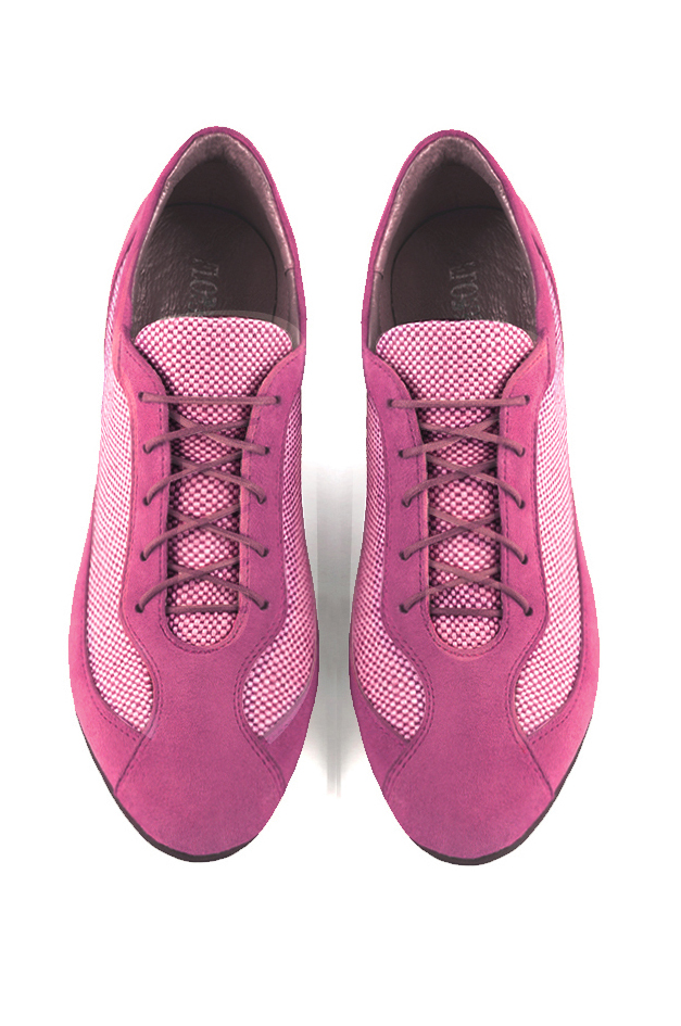 Shocking pink women's one-tone elegant sneakers. Round toe. Flat wedge soles. Top view - Florence KOOIJMAN