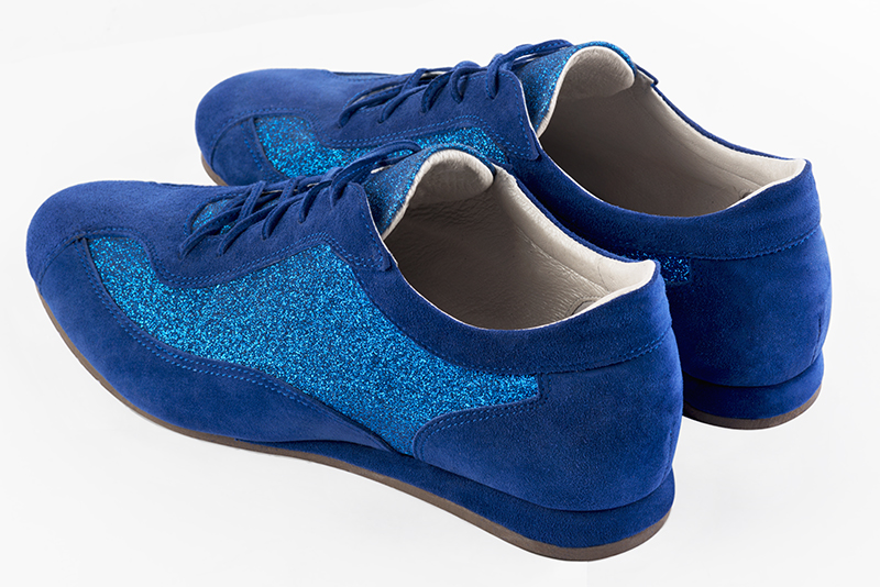 Electric blue women's one-tone elegant sneakers. Round toe. Flat wedge soles. Rear view - Florence KOOIJMAN