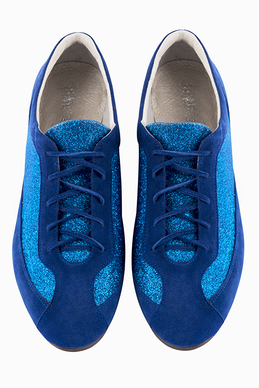 Electric blue women's one-tone elegant sneakers. Round toe. Flat wedge soles. Top view - Florence KOOIJMAN