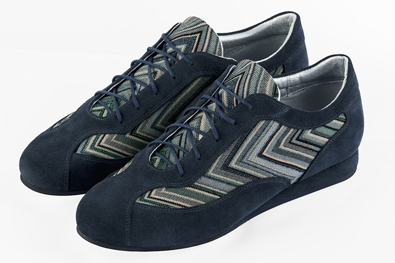 Navy blue women's two-tone elegant sneakers. Round toe. Flat wedge soles. Front view - Florence KOOIJMAN