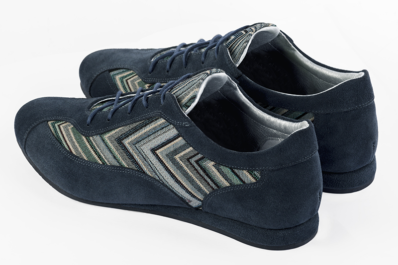 Navy blue women's two-tone elegant sneakers. Round toe. Flat wedge soles. Rear view - Florence KOOIJMAN