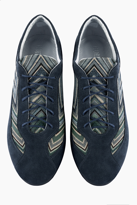 Navy blue women's two-tone elegant sneakers. Round toe. Flat wedge soles. Top view - Florence KOOIJMAN