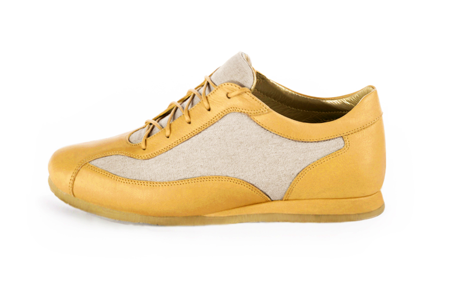 Mustard yellow and natural beige women's two-tone elegant sneakers. Round toe. Flat wedge soles. Profile view - Florence KOOIJMAN