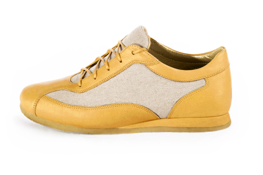 Mustard yellow and natural beige women's two-tone elegant sneakers. Round toe. Flat wedge soles. Profile view - Florence KOOIJMAN