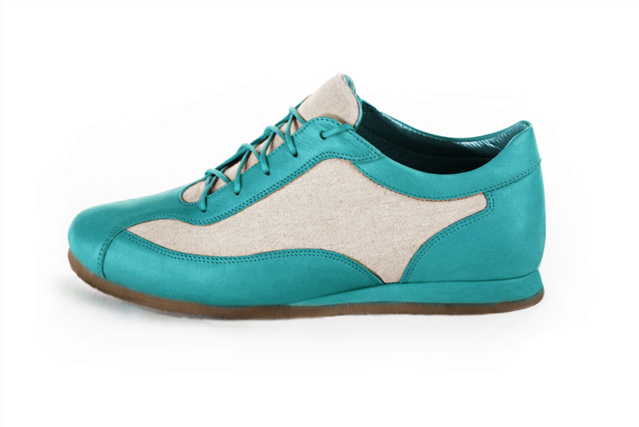 Turquoise blue and natural beige women's two-tone elegant sneakers. Round toe. Flat wedge soles. Profile view - Florence KOOIJMAN