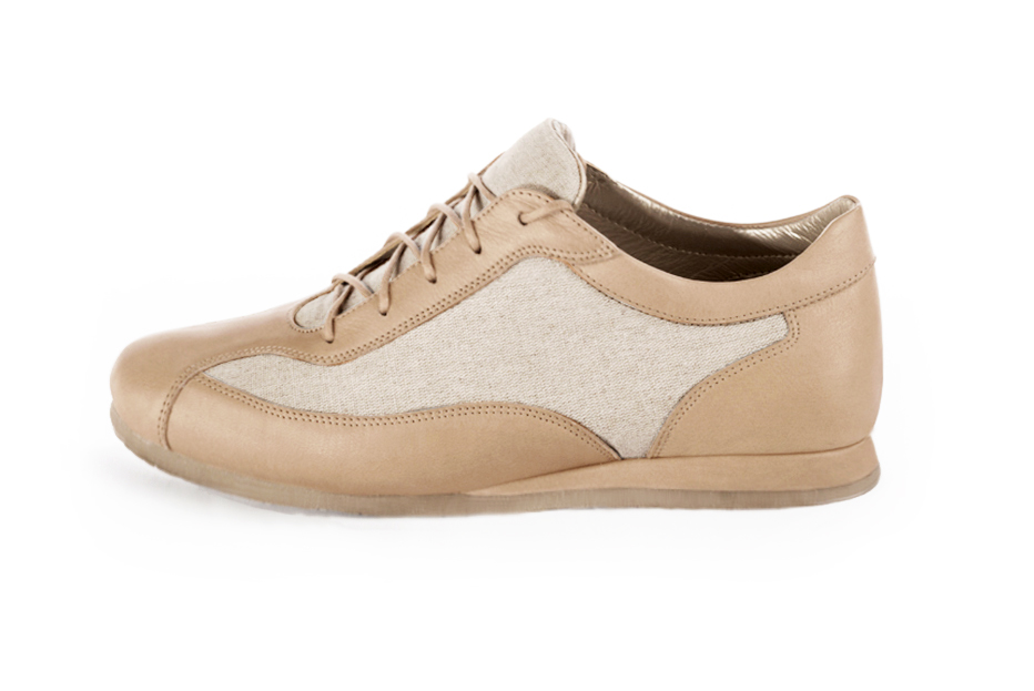 Tan beige women's two-tone elegant sneakers. Round toe. Flat wedge soles. Profile view - Florence KOOIJMAN