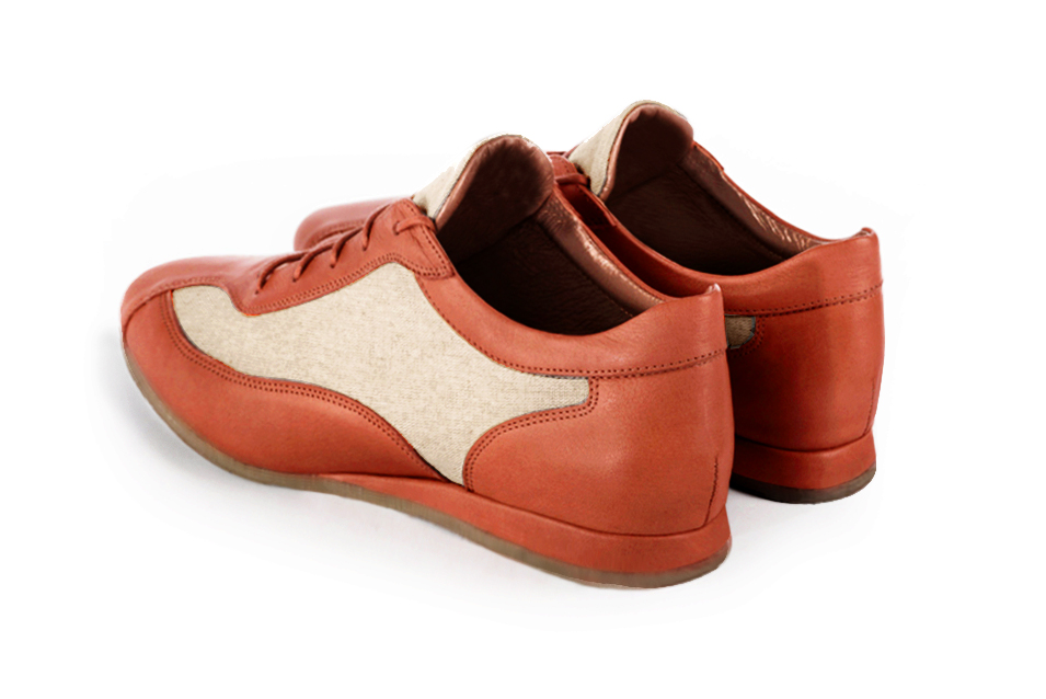 Terracotta orange and natural beige women's two-tone elegant sneakers. Round toe. Flat wedge soles. Rear view - Florence KOOIJMAN