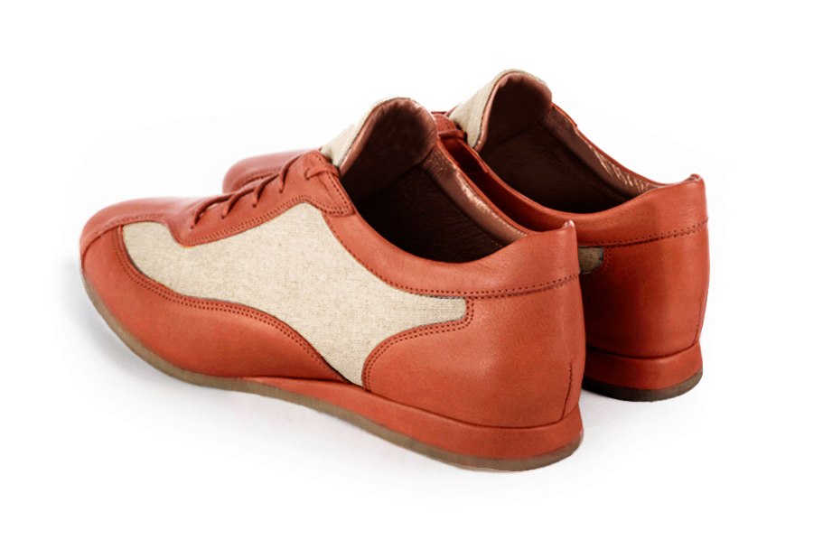 Terracotta orange and natural beige women's two-tone elegant sneakers. Round toe. Flat wedge soles. Rear view - Florence KOOIJMAN