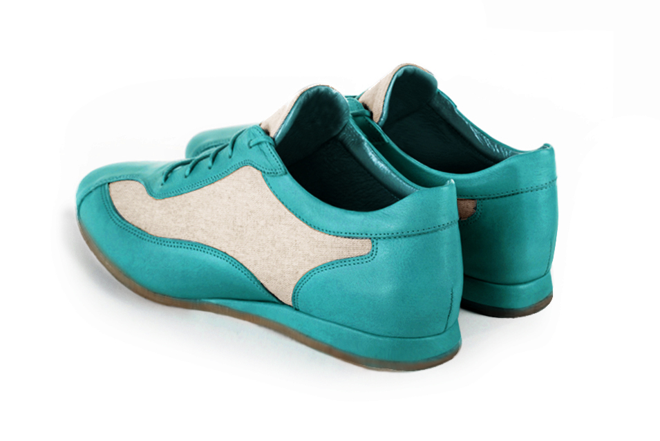 Turquoise blue and natural beige women's two-tone elegant sneakers. Round toe. Flat wedge soles. Rear view - Florence KOOIJMAN