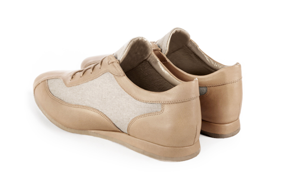 Tan beige women's two-tone elegant sneakers. Round toe. Flat wedge soles. Rear view - Florence KOOIJMAN