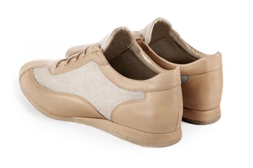 Tan beige women's two-tone elegant sneakers. Round toe. Flat wedge soles. Rear view - Florence KOOIJMAN