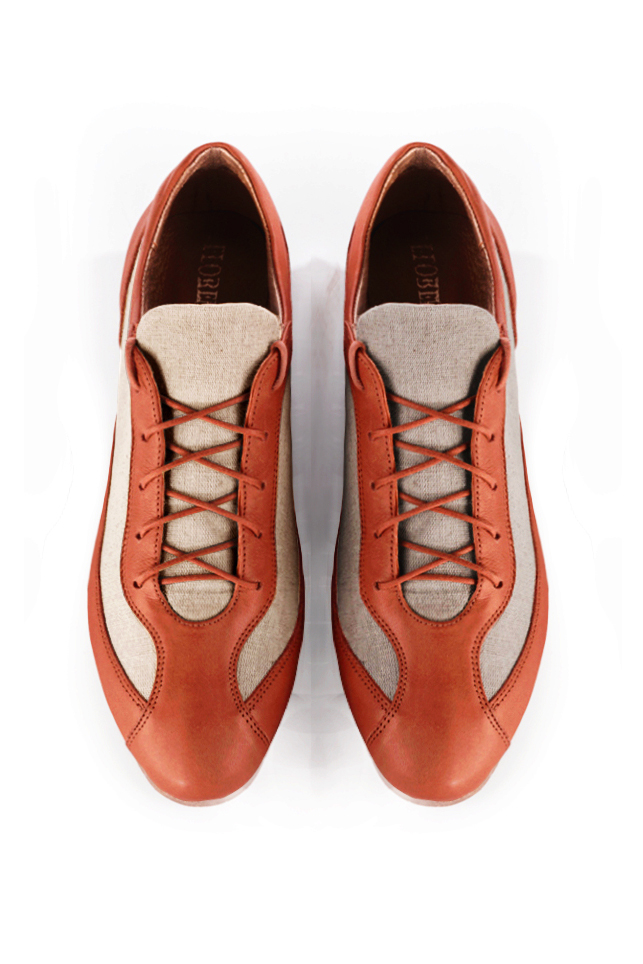 Terracotta orange and natural beige women's two-tone elegant sneakers. Round toe. Flat wedge soles. Top view - Florence KOOIJMAN