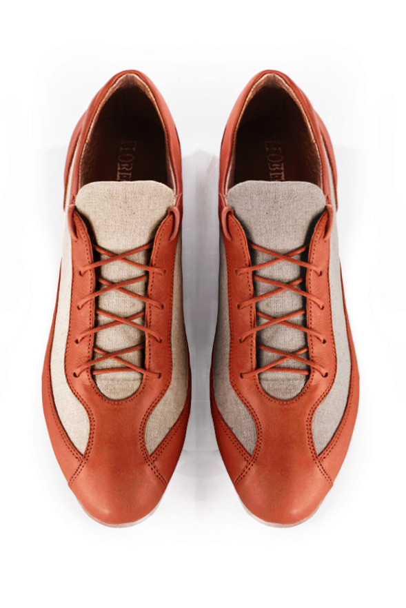 Terracotta orange and natural beige women's two-tone elegant sneakers. Round toe. Flat wedge soles. Top view - Florence KOOIJMAN