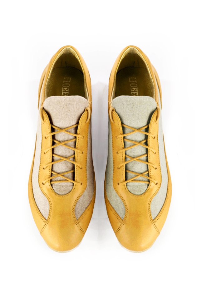 Mustard yellow and natural beige women's two-tone elegant sneakers. Round toe. Flat wedge soles. Top view - Florence KOOIJMAN