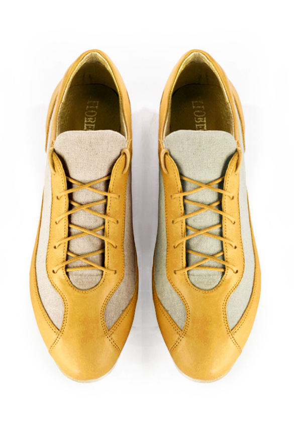 Mustard yellow and natural beige women's two-tone elegant sneakers. Round toe. Flat wedge soles. Top view - Florence KOOIJMAN