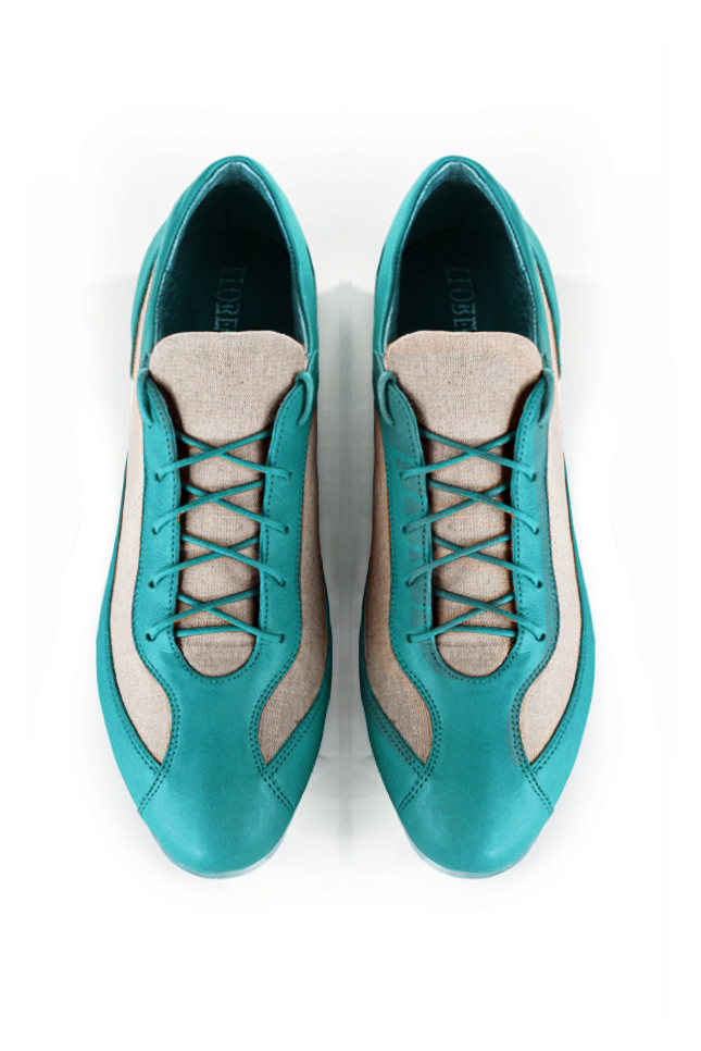 Turquoise blue and natural beige women's two-tone elegant sneakers. Round toe. Flat wedge soles. Top view - Florence KOOIJMAN