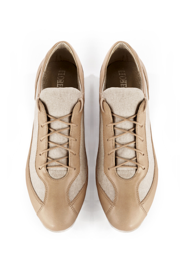 Tan beige women's two-tone elegant sneakers. Round toe. Flat wedge soles. Top view - Florence KOOIJMAN