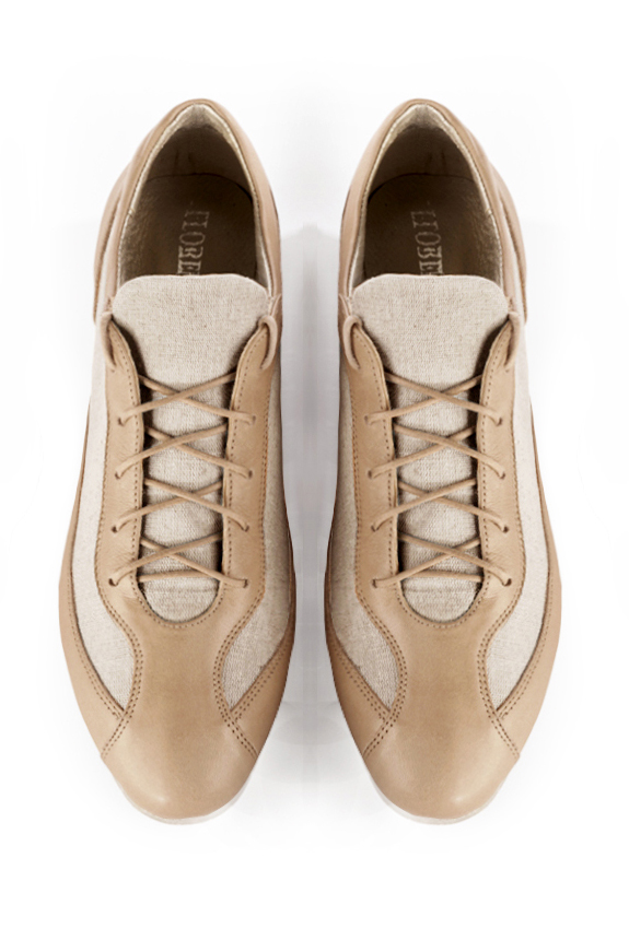 Tan beige women's two-tone elegant sneakers. Round toe. Flat wedge soles. Top view - Florence KOOIJMAN