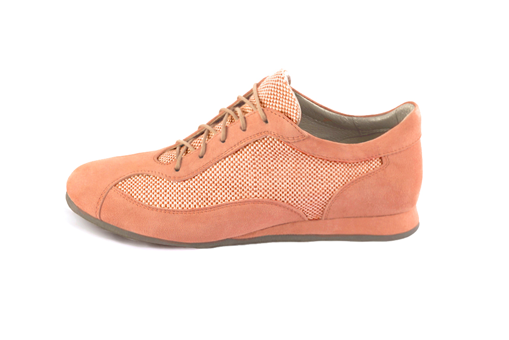 Peach orange women's one-tone elegant sneakers. Round toe. Flat wedge soles. Profile view - Florence KOOIJMAN