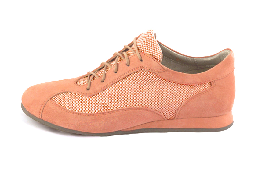 Peach orange women's one-tone elegant sneakers. Round toe. Flat wedge soles. Profile view - Florence KOOIJMAN