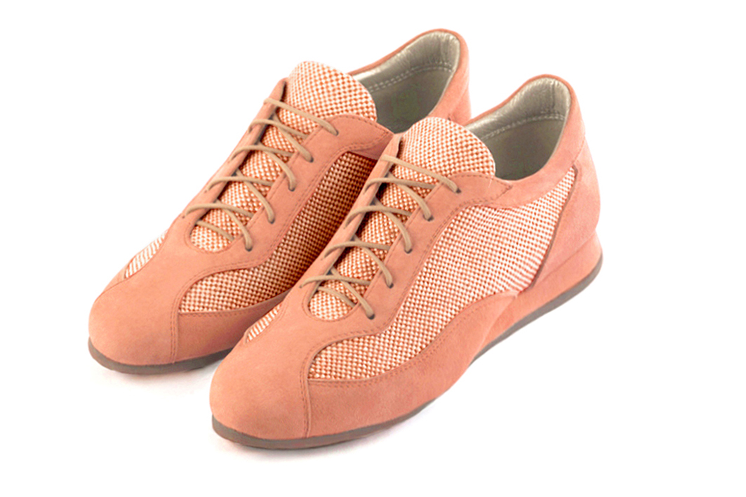 Peach orange women's one-tone elegant sneakers. Round toe. Flat wedge soles. Front view - Florence KOOIJMAN