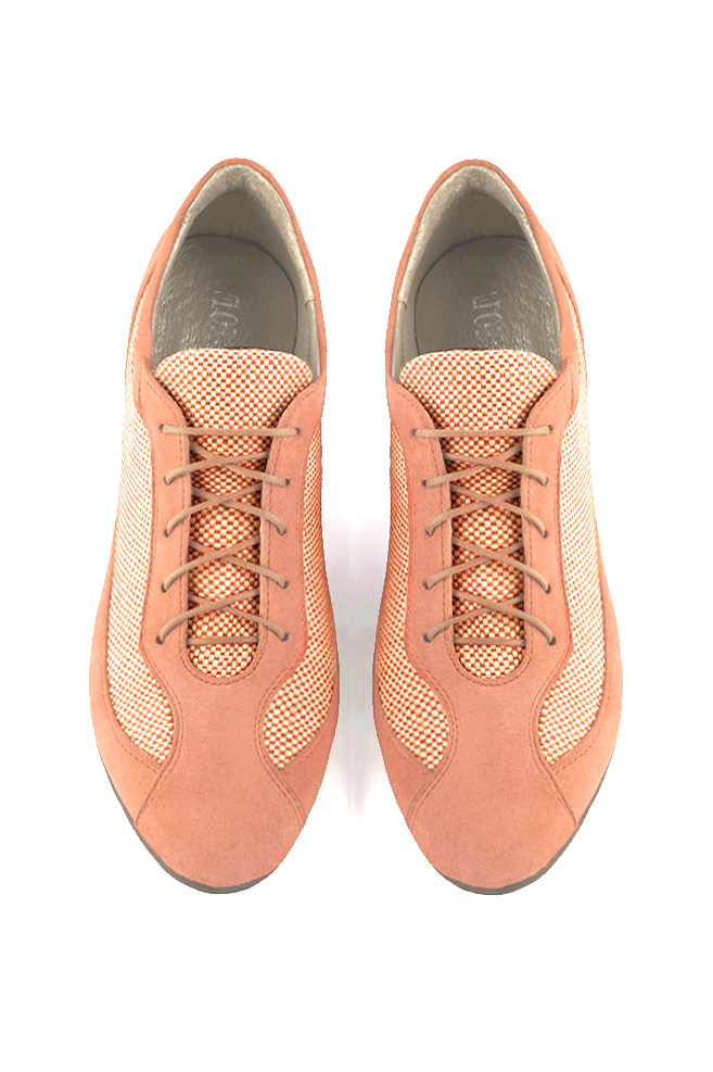 Peach orange women's one-tone elegant sneakers. Round toe. Flat wedge soles. Top view - Florence KOOIJMAN