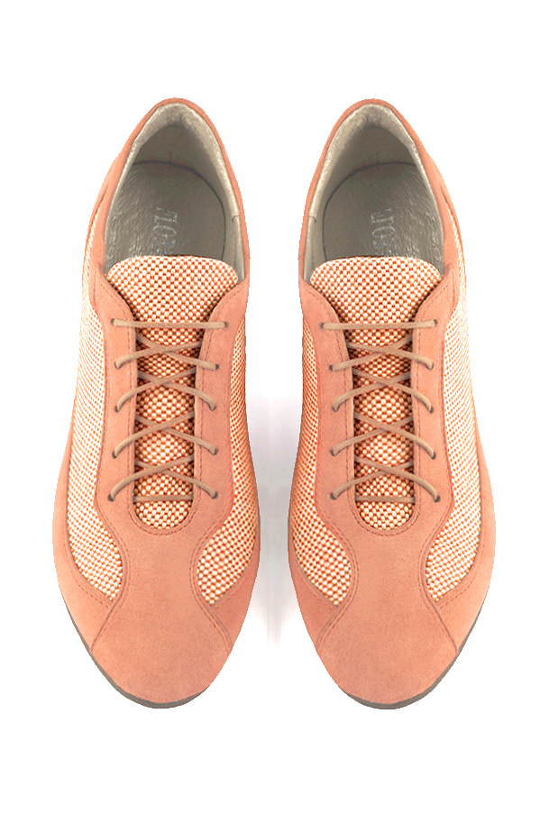 Peach orange women's one-tone elegant sneakers. Round toe. Flat wedge soles. Top view - Florence KOOIJMAN