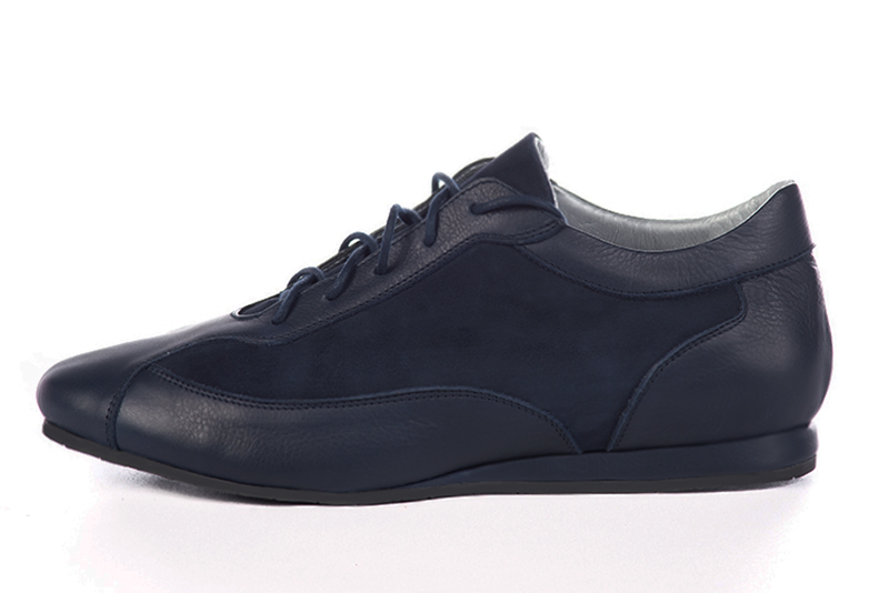Navy blue women's one-tone elegant sneakers. Round toe. Flat wedge soles. Profile view - Florence KOOIJMAN